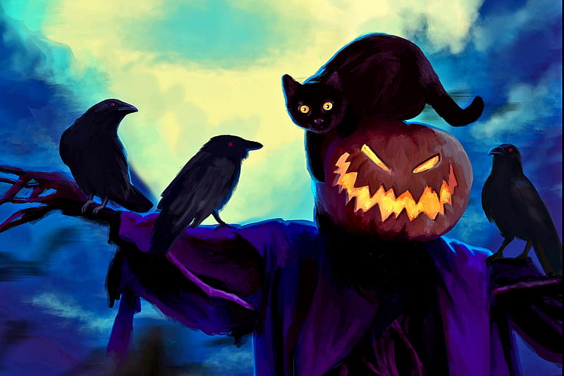 Waiting for You, halloween, scarecrow, magic, horror, fantasy, moon, spooky, black cat, pumpkin, dark, scary, crow, night, HD wallpaper