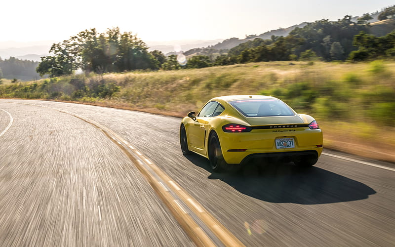 Porsche 718 Cayman, 2019, yellow sports coupe, rear view, supercar, road, speed, Cayman GTS, Porsche, HD wallpaper