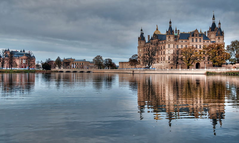 Schwerin Castle, Germany, building, reflection, clouds, lake, HD wallpaper