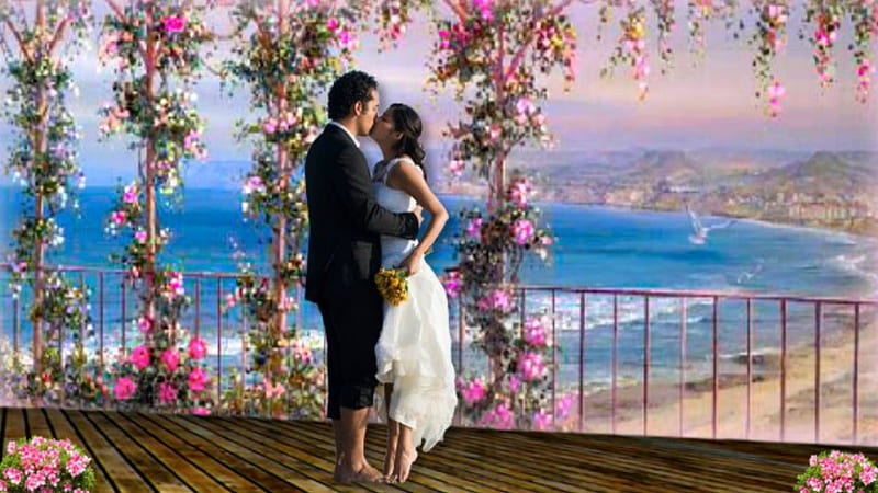 ~*~ Romantic Couple ~*~, romantic landscape, romantic couple, beach, flowers, nature, sea, HD wallpaper