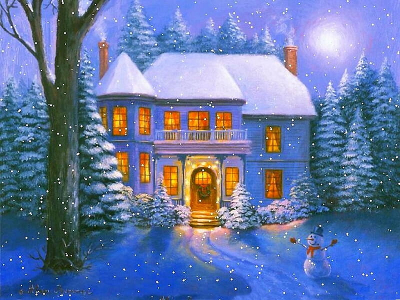 Winterlights, colorful, cottage, christmas, bonito, magic, snowman, eve ...