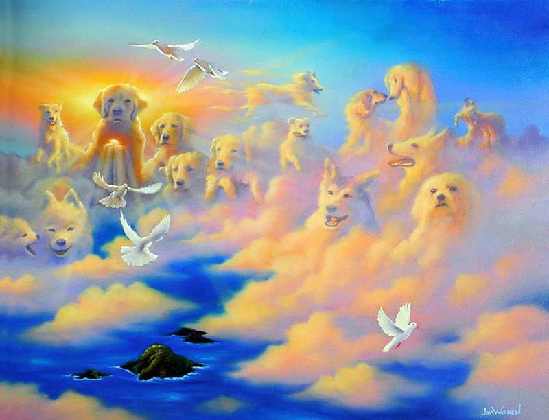 Companions above the Clouds, ocean, painting, birds, island, sky, artwork, dogs, HD wallpaper