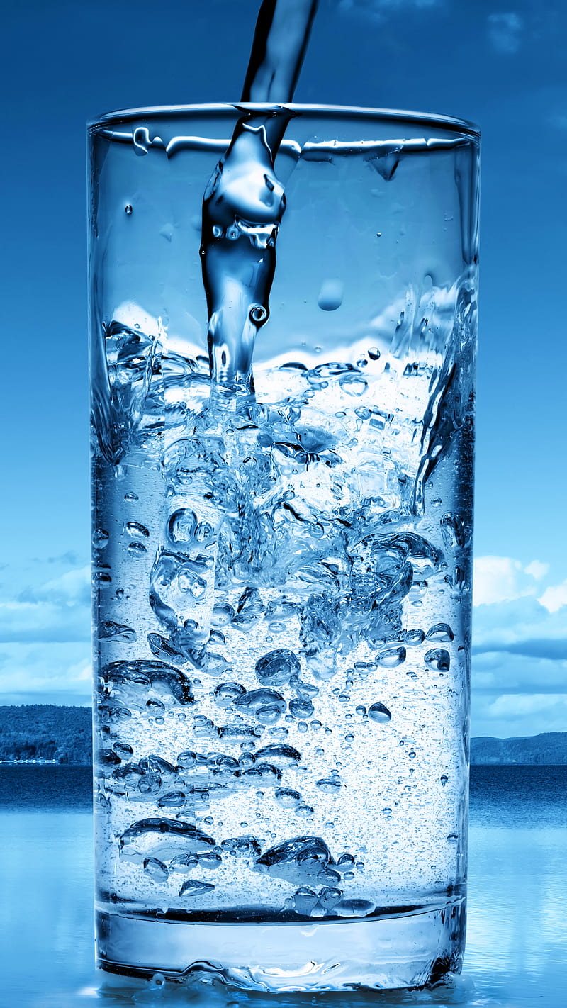 Water, blue, bubbles, drops, glas, pooring, HD phone wallpaper