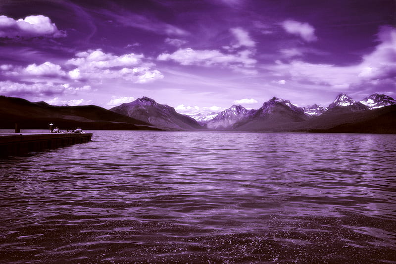 Purple Peaks, glacier national park, purple, mountains, nature, clouds, sky, lake, HD wallpaper