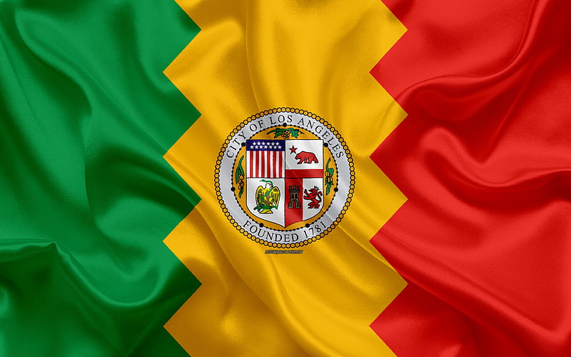 Flag of Los Angeles silk texture, american city, red yellow green silk flag, Los Angeles flag, California, USA, art, United States of America, Los Angeles, HD wallpaper