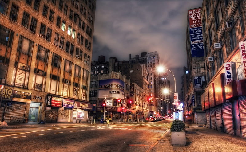broadway in manhattan late at night r, city, r, taxis, street, stores, night, HD wallpaper