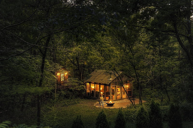 Cabin in the Woods at Dusk, Woods, Trees, Cabins, Forests, Lights, Evenings, Dusk, Nature, HD wallpaper