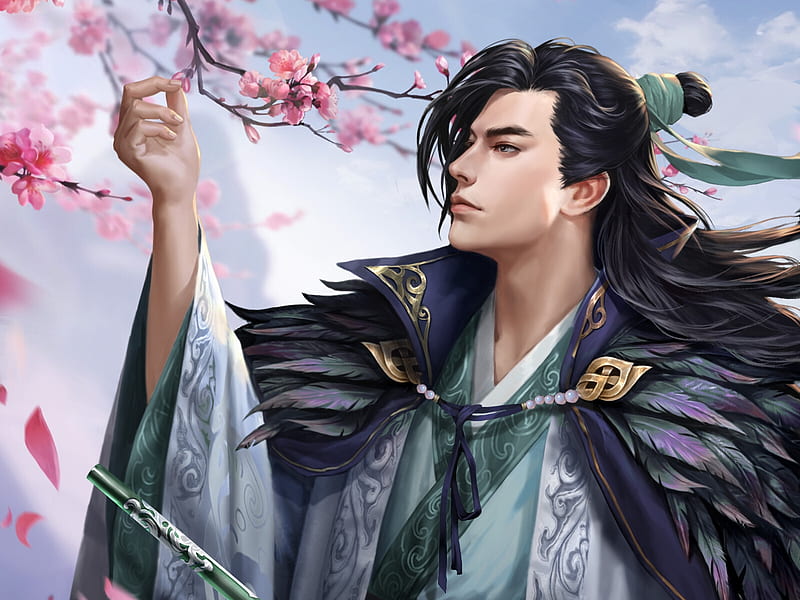 Fantasy man by Yu Shuize, blossom, fantasy, luminos, asian, man, spring, pink, yu shuize, HD wallpaper