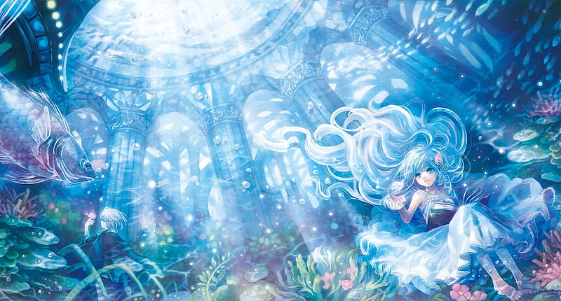 Dưới nước xanh ngắt, với những chú cá đầy màu sắc và nhân vật manga và anime đáng yêu sẽ đưa bạn khám phá một thế giới hoàn toàn khác biệt. Hãy thưởng thức những khoảnh khắc đầy mê hoặc của mùa hè với các hình ảnh ngọt ngào của cô gái trên nền trắng và xanh tưởng chừng như bất tận.