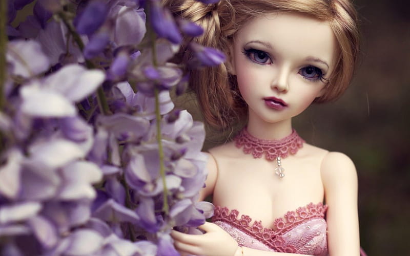 Cute Doll, flowers, toy, face, eyes, doll, HD wallpaper