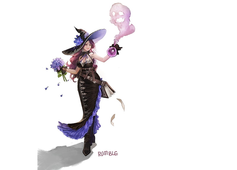 Witch who pulls out the poison of the hydrangea, witch, fantasy, hydrangea, girl, rum blem, rumble, hat, HD wallpaper
