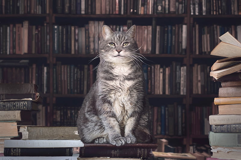 Cats, Cat, Book, Library, Pet, HD wallpaper