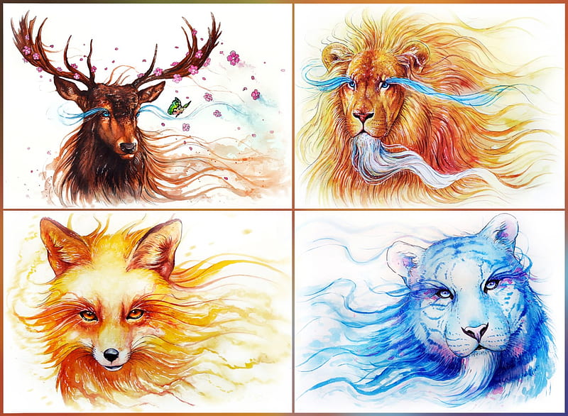 Spirits of the Seasons, autumn, tiger, spring, seasons, lion, spirits, deer, winter, butterfly, fox, summer, flowers, HD wallpaper