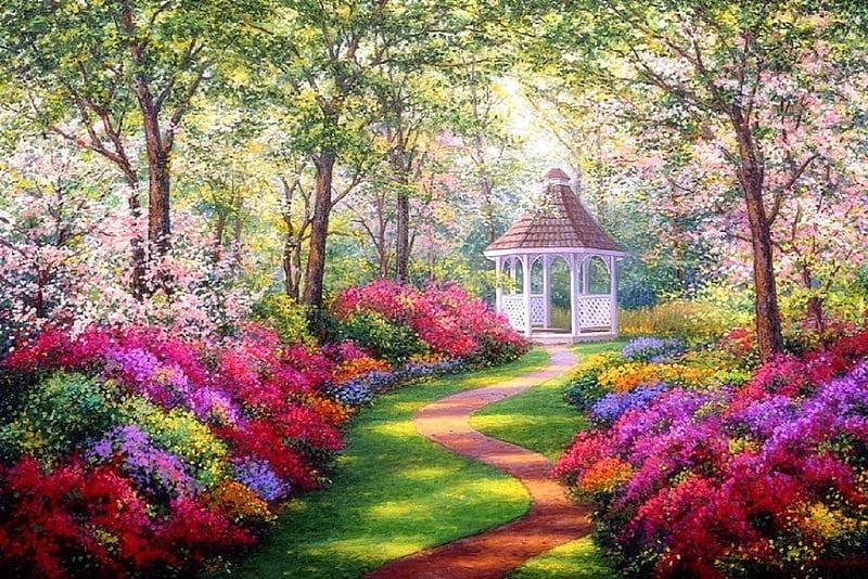 World Garden Away, love four seasons, spring, walk way, attractions in dreams, paintings, summer, flowers, garden, nature, gazebo, HD wallpaper