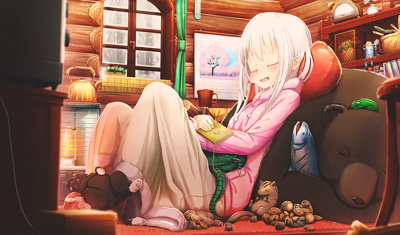 anime girl, sleeping, moe, cute, room, white hair, cat, long skirt, Anime, HD wallpaper