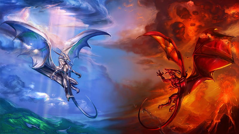 Good vs Evil, fire, fantasy, ice, dragon, dragons, HD wallpaper