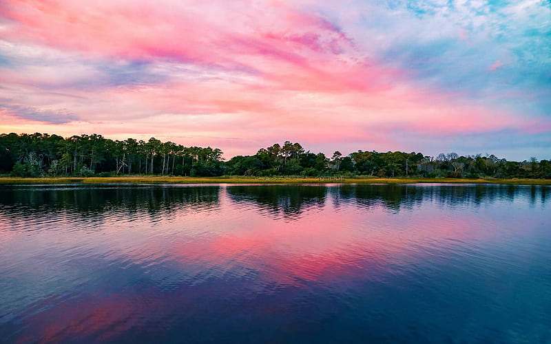 Sunset on the Intracoastal, Oak Island, North Carolina, clouds, sky, usa, water, colors, reflection, HD wallpaper