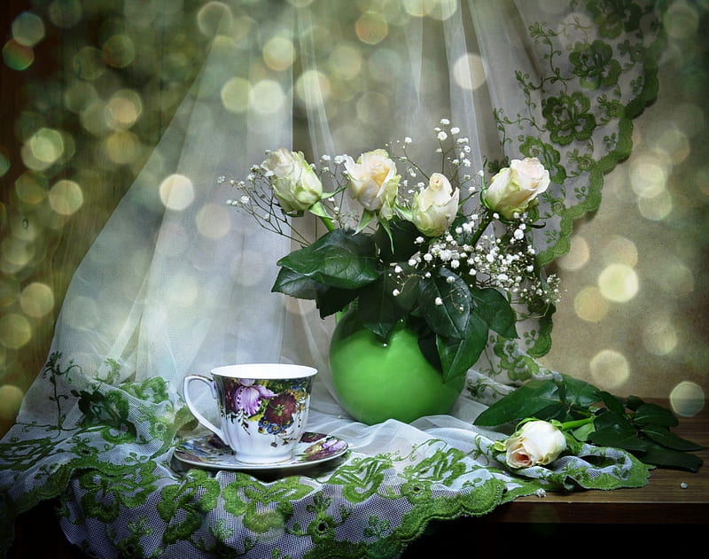 Still life, roses, abstract, tea, green, coffee, cup, flowers, drink, other, HD wallpaper