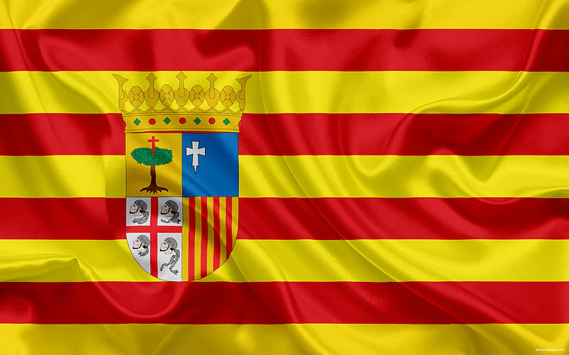 Flag of Aragon, autonomous community, province, Aragon, Spain, silk flag, Aragon coat of arms, HD wallpaper