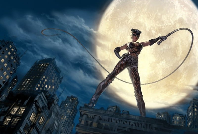 Catwoman, whip, city, moon, woman, HD wallpaper
