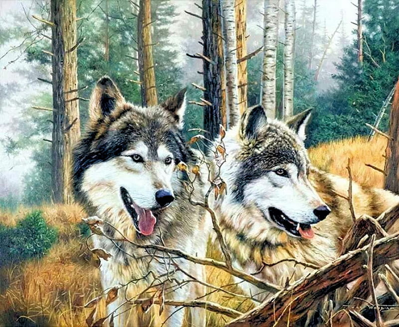 Wolves Art, forest, predators, wolfpack, painting, artwork, HD ...