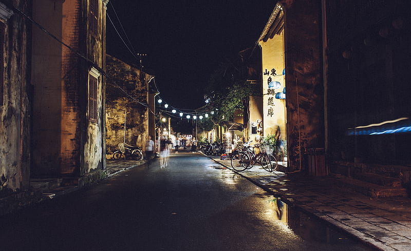 street beside village with lights during night time, HD wallpaper