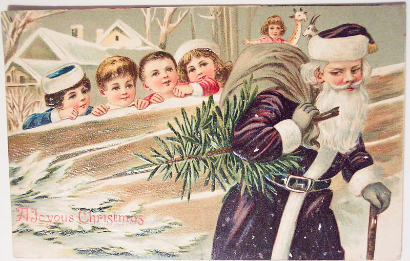 Merry Christmas!, card, vintage, santa, christmas, craciun, children, copil, HD wallpaper