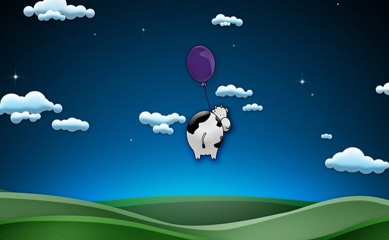 Flying High into the Night, hills, stars, cow, high, clouds, balloon, flying, evening, night, HD wallpaper