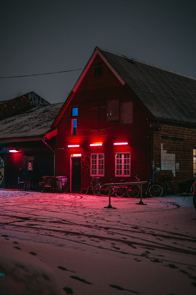 house, bicycles, winter, light, red, HD phone wallpaper