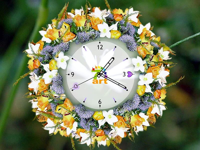 Floral Clock, wreath, circle, bouquet, time, timepiece, flowers, clock, blooms, HD wallpaper