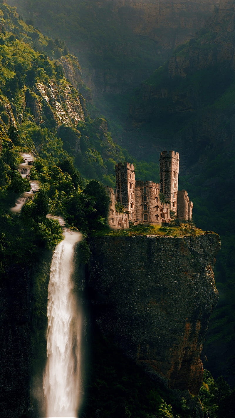 Fantasy Waterfall , hop, fairy, rocks, castle, HD phone wallpaper