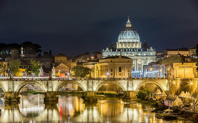 Bridge of the Holy Angel, old bridge, Rome, night, city lights, Italy Attraction, Rome landmarks, HD wallpaper