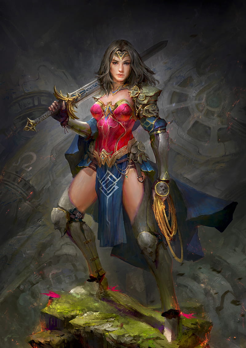 fantasy art, sword, warrior, Wonder Woman, HD phone wallpaper