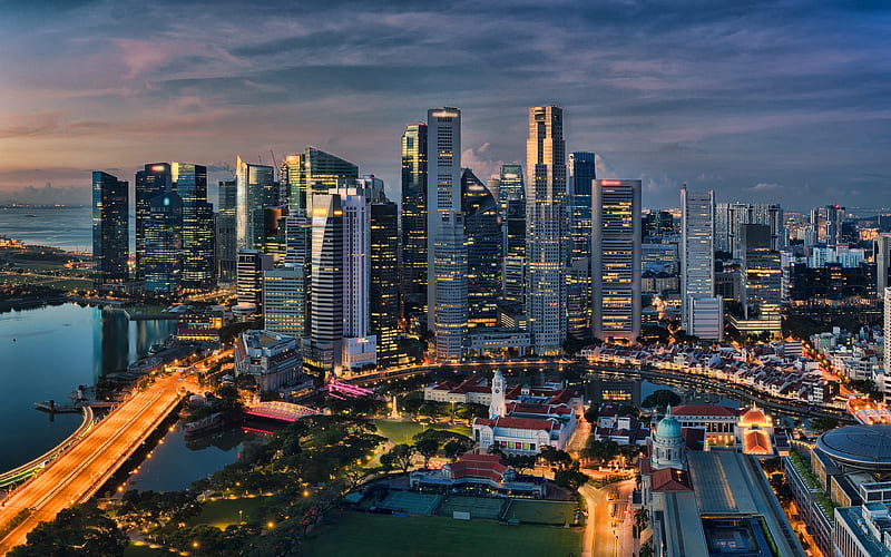 Singapore, Marina Bay, skyscrapers, evening, Singapore cityscape, modern buildings, metropolis, Singapore skyline, HD wallpaper