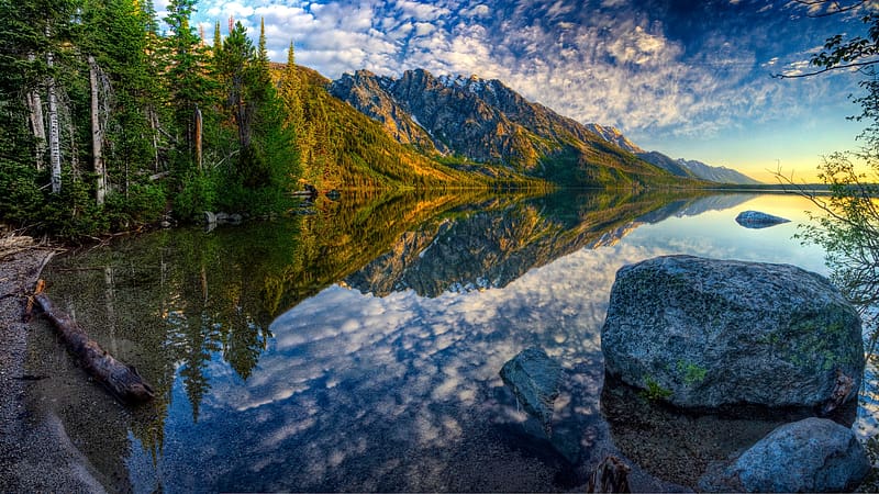 Jenny Lake, Wyoming, water, rocks, usa, trees, tetons, landscape, mountains, HD wallpaper