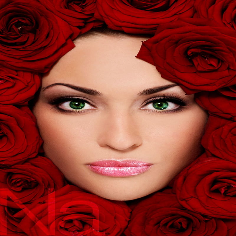 Rose face and green eyes, red, model, green eyes, bonito, face, roses, woman, HD wallpaper