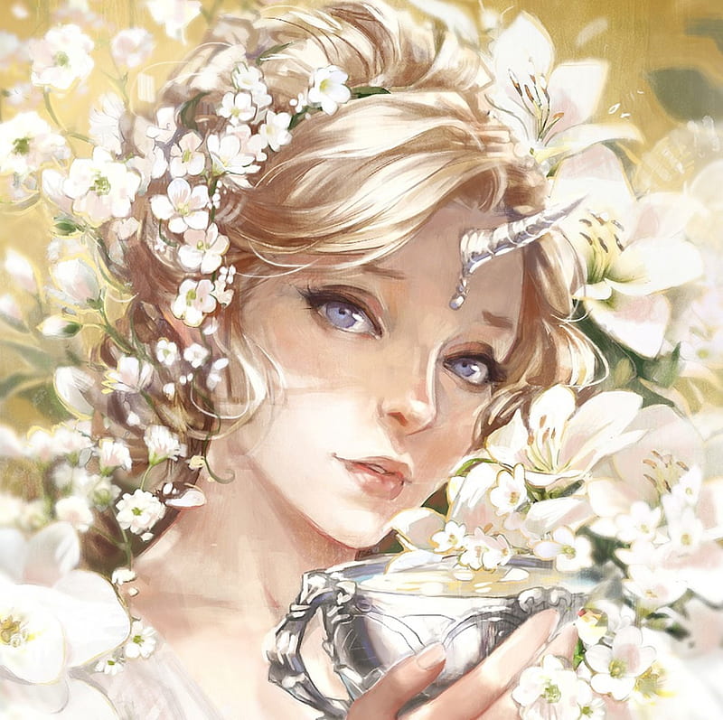 Silver Horn, fantasy woman, bonito, silver, flowered, fantasy, flowers, beauty, art, female, blonde hair, abstract, cute, girl, horn, cup, lady, white, HD wallpaper