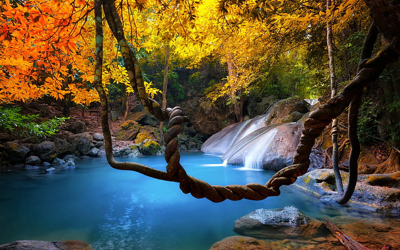 beautiful waterfall, forest, jungle, Thailand, waterfalls, trees, HD wallpaper