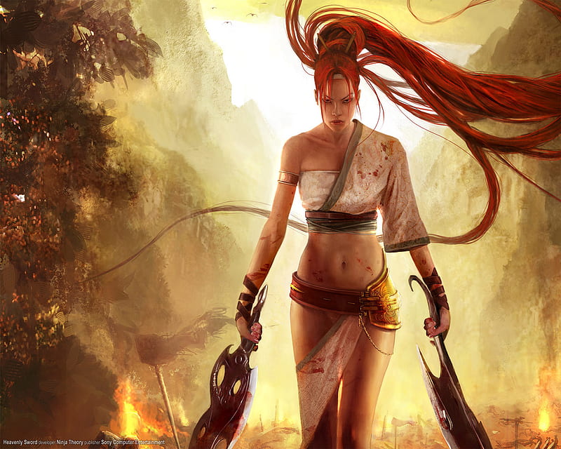Heavenly Sword Girl, 2007, game, blonde, red hair, warrior, girl, heavenly, ninja girl, beauty, sword, ninja, HD wallpaper