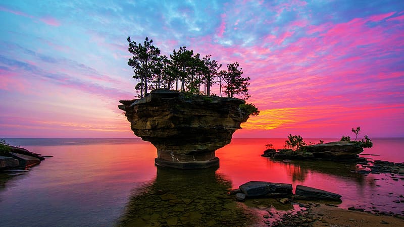 Turnip Rock At Lake Huron, Michigan, sky, evening, colors, clouds, trees, usa, HD wallpaper
