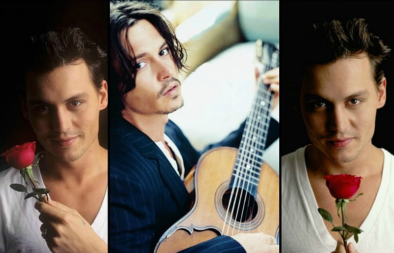 Johnny Depp, red, romantic, rose, music, black, man, cehenot, instrument, guitar, flower, white, actor, HD wallpaper