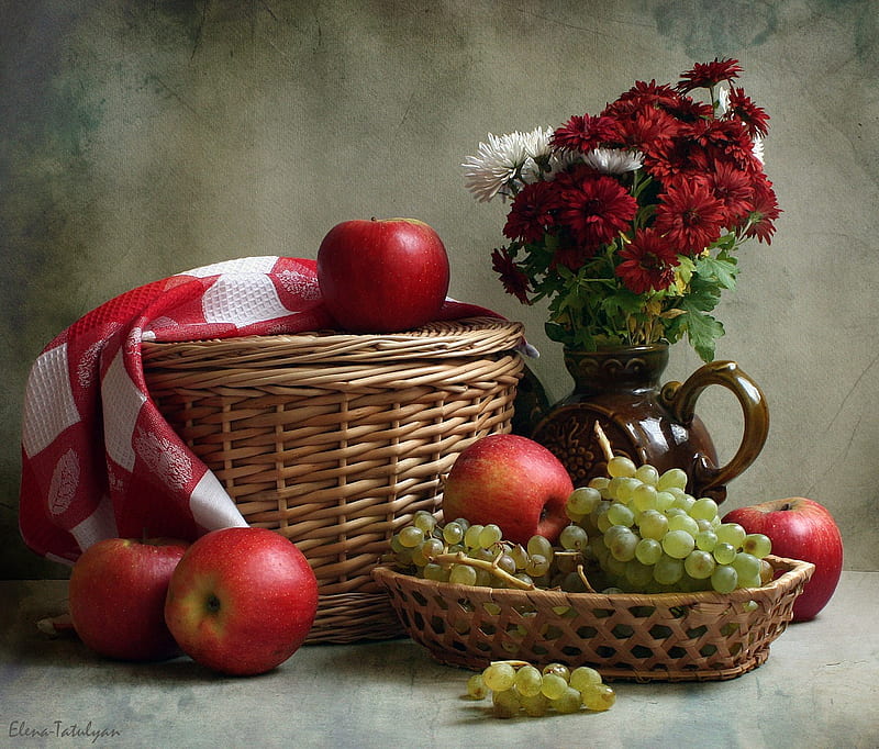 still life, apple autumn, vase, bonito, fruit, grape, graphy, nice, cool, bouquet, basket, flower, flowers, harmony, HD wallpaper