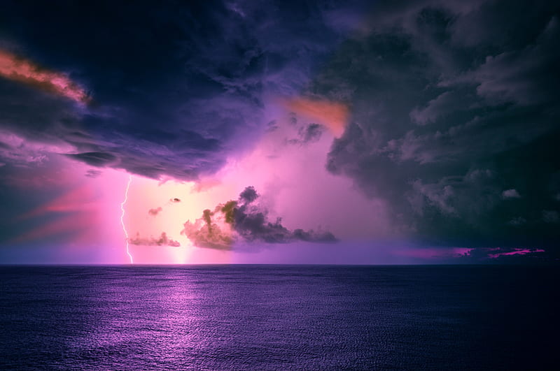 graphy, Lightning, Cloud, Horizon, Ocean, Storm, HD wallpaper