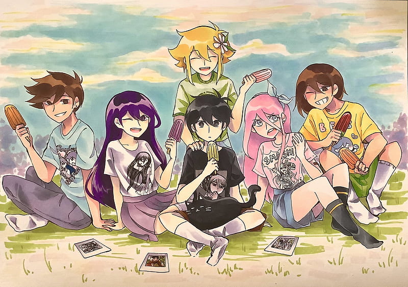 Video Game, OMORI, Aubrey (Omori), Basil (Omori), Black Hair, Blonde, Boy, Brown Hair, Cat, Girl, Hero (Omori), Kel (Omori), Mari (Omori), Omori (Video Game), Pink Hair, Popsicle, Purple Hair, Shirt, Shorts, Skirt, Smile, Socks, Sunny (Omori), Wink, HD wallpaper