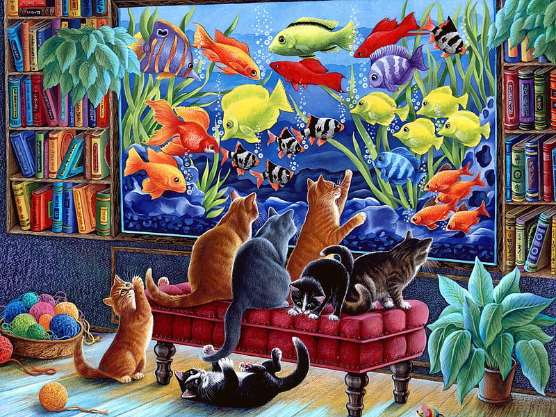 Kittens fishing, colorful, art, fish, painting, pictura, kitten, cat, pisici, HD wallpaper