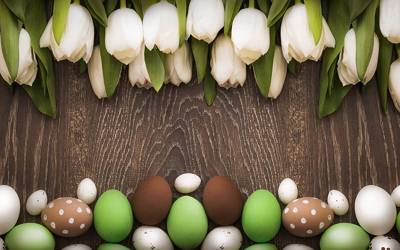 Easter, tulips, easter eggs, white tulips, wooden background, HD wallpaper