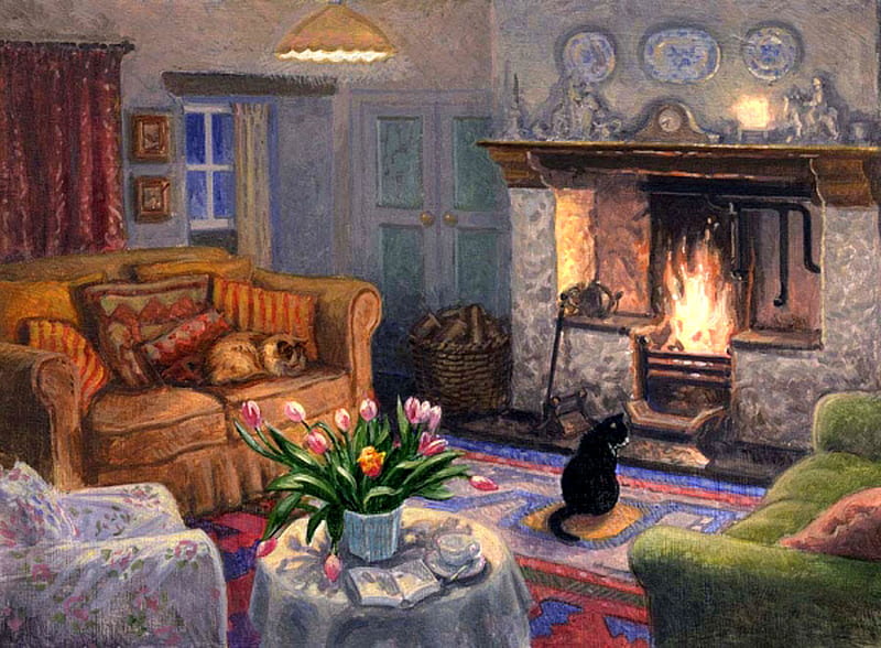 Stephen J. Darbishire - Sunday Evening, art, stephen j darbishire, painting, home, chair, cat, livingroom, HD wallpaper