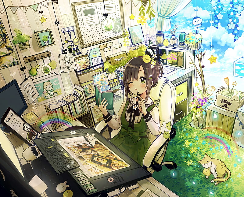 Anime girl, artist, indoors, graphic tablet, Anime, HD wallpaper | Peakpx
