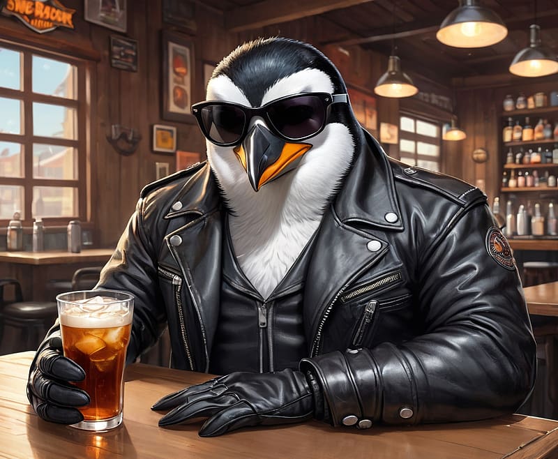 A Badass Harley Davidson Biker Penguin Enjoying a Refreshing Glass of Sweet Tea at a Biker Bar :), glasses, digital, artwork, window, table, sunglasses, guest, lamps, HD wallpaper