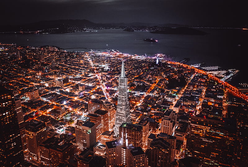 night city, aerial view, buildings, architecture, lights, coast, san francisco, HD wallpaper